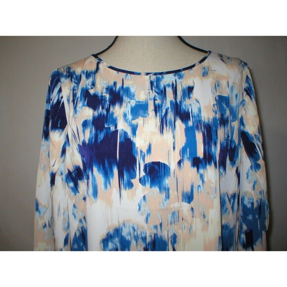 Womens 10 NWT $145 NYDJ Mosaic Shift Dress Blue Peach White Slit Sleeves Silky - Picture 2 of 7